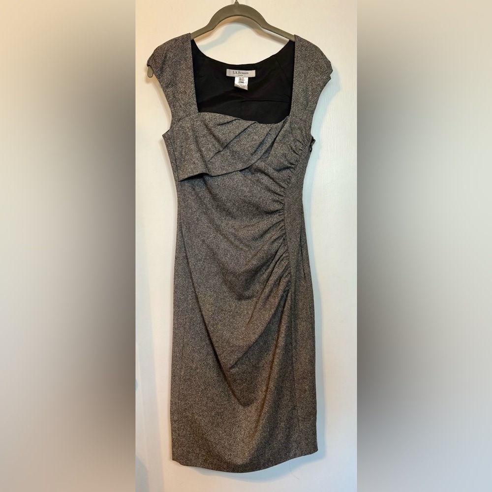 LK Bennett Gray Tweed Style 100% Wool Ruched Office Business Midi Dress- Size 2 - Picture 7 of 7